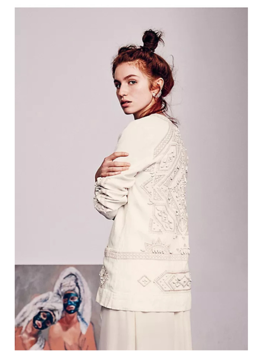 Free People Embroidered Easy Open Linen Jacket Size XS (oversized/20” PTP)